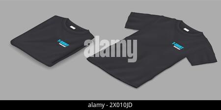 Set di t-shirt da uomo nero con mockup e illustrazioni vettoriali. Forniture pubblicitarie. Abiti uniformi con oggetti 3d modello di design su sfondo grigio Illustrazione Vettoriale