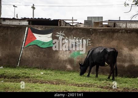 Nakuru, Kenya. 8 aprile 2024. Una mucca pascolerà davanti a un murale con una bandiera palestinese e le parole "No razzismo Palestina, domani sarà libera” nel villaggio di Bondeni vicino alla città di Nakuru. (Foto di James Wakibia/SOPA Images/Sipa USA) credito: SIPA USA/Alamy Live News Foto Stock