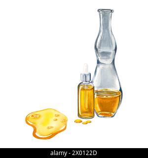 Flacone contagocce in vetro trasparente con liquido all'interno, matraccio di vetro e gocce di olio sparse sulla superficie. Illustrazione ad acquerello disegnata a mano Foto Stock