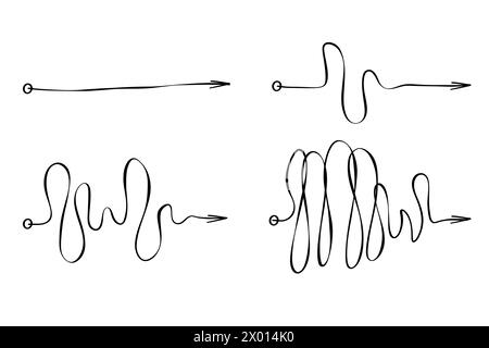 Semplificazione del concetto di idea del vettore di percorso o di chiarezza complessa e confusionale. Un modo confuso e complicato con il percorso scarabocchiato come illustrazione del concetto di caos Illustrazione Vettoriale