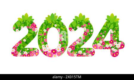 2024 concetto floreale. Simbolo dell'offerta speciale. Sfondo con maschera di ritaglio. Design creativo con foglie verdi e fiori rosa. Bellissimo biglietto d'auguri. Illustrazione Vettoriale