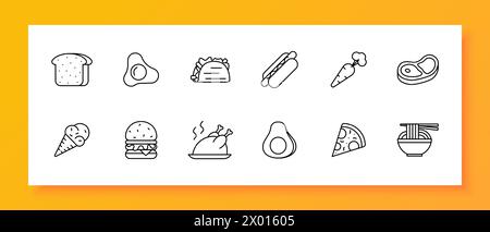 Set di prelibatezze Icon Pane, shawarma, uova, uova fritte, gelato, carote, bistecche, hamburger, salsiccia nell'impasto, pollo alla griglia, pizza, spaghetti, cibo di strada Illustrazione Vettoriale