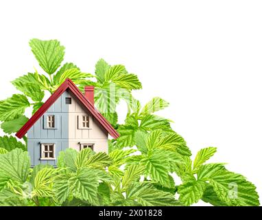 Casa ecocompatibile. Modello di casa in legno e foglie verdi. Isolato su sfondo bianco. Ecologia, ecologia, energia verde, energia rinnovabile, ambiente Foto Stock