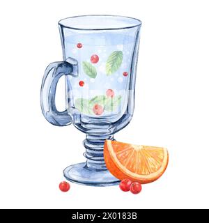 Tazza di vetro acqua mirtillo disegno ad acquerello. Fetta di arancia vitaminica foglia di mirtillo. Bolle completamente trasparenti sulla gamba. Bere la composta di frutta rossa Foto Stock