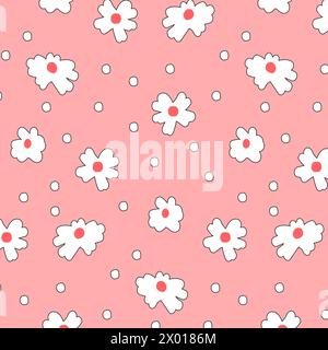 Modello senza cuciture con margherite per prodotti per bambini. Motivo decorativo floreale su sfondo rosa per abiti per bambini. Illustrazione vettoriale piatta per la stampa di imballaggi, tessuti e biancheria da letto. Illustrazione Vettoriale
