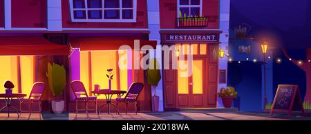 Ristorante Cartoon all'aperto di sera. Scuro paesaggio urbano di caffetteria esterna con tavoli e sedie, piante decorative in vasi vicino a grandi lighteni Illustrazione Vettoriale