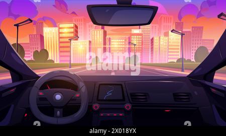 Vista dall'interno dell'auto senza conducente attraverso il parabrezza del paesaggio cittadino durante il tramonto o l'alba. Cruscotto del veicolo con navigatore gps e tachimetro Illustrazione Vettoriale