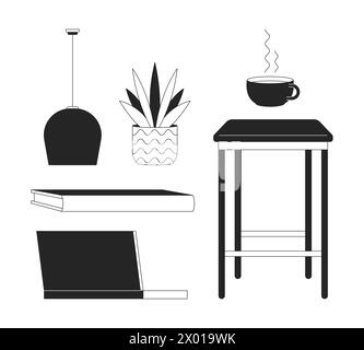 Set di oggetti cartoon in linea 2D in bianco e nero con dettagli interni per ambienti di lavoro domestici Illustrazione Vettoriale