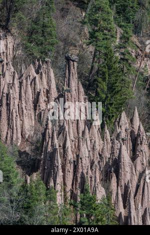 Die Erdpyramiden Lengmoos am Ritten bei Oberbozen sind markante Lehmsäulen die durch Gletschererosion entstanden sind. Fotografiert AM 06.04.2024. // le piramidi di terra di Lengmoos su Ritten vicino a Oberbozen sono impressionanti colonne di argilla create dall'erosione glaciale. Fotografato il 6 aprile 2024. - 20240406 PD12184 credito: APA-PictureDesk/Alamy Live News Foto Stock