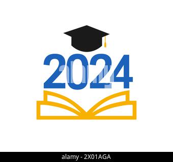 Logo didattico per classe 2024 laureati. Distintivo isolato. Modello di banner scolastico. Studenti di 2024 icona creativa. Bentornato a scuola Illustrazione Vettoriale