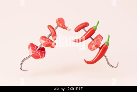 Cartoni animati carne e peperoncini, concetto barbecue, rendering 3D. illustrazione 3d. Foto Stock