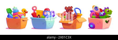 Giocattoli per bambini confezionati in scatole di plastica e di cartone per la casa e l'asilo o per donare. Set di illustrazioni vettoriali cartoni animati con pile di oggetti da gioco per bambini nel contenitore. confezione piena di giochi. Illustrazione Vettoriale