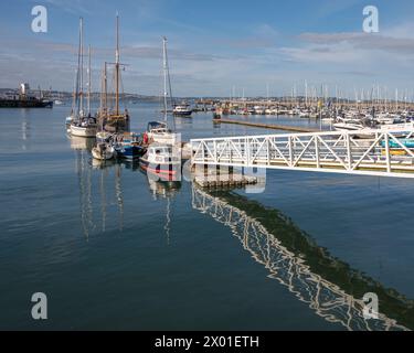 Imbarcazioni da diporto ormeggiate lungo un molo galleggiante nelle acque calme del porto esterno di Brixham, Devon, Inghilterra, Regno Unito Foto Stock