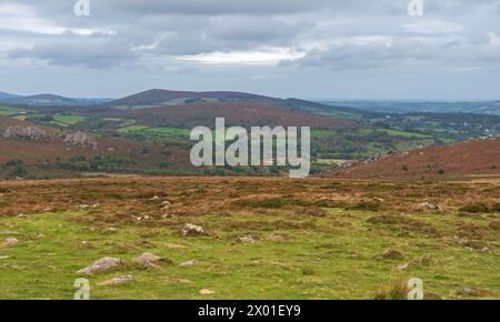 Una vista autunnale sul Parco Nazionale di Dartmoor da Harefoot Cross sulla B3387, guardando verso Haytor, Dartmoor, Devon, Inghilterra, REGNO UNITO Foto Stock