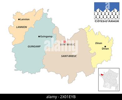 Mappa amministrativa del dipartimento bretone di Cotes d Armor, Francia Foto Stock