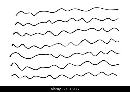 Serie di linee ondulate tracciate a mano. Schizzo nero isolato su sfondo bianco. Illustrazione vettoriale. Illustrazione Vettoriale
