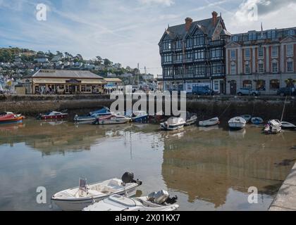 Guardando attraverso il bacino interno del porto di Dartmouth verso gli edifici elisabettiani incorniciati in legno di Dartmouth, Devon, Inghilterra, Regno Unito Foto Stock