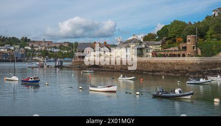 Imbarcazioni da diporto ormeggiate di fronte ad alcune grandi case di Kingswear, Devon, Inghilterra, Regno Unito, viste dal fiume Dart durante una gita in barca. Foto Stock