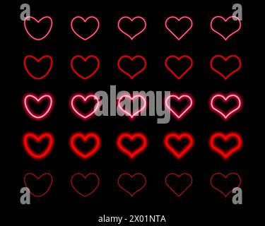 Collezione di cuori colorati in moderno stile neon Illustrazione Vettoriale