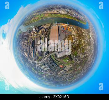 Vista aerea, logport II, Container Rhein-Ruhr Terminal sul fiume Reno, globo, immagine fisheye, immagine a 360 gradi, Tiny World, piccolo pianeta, fisheye Foto Stock