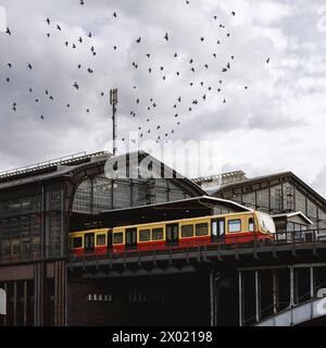 Paesaggio industriale, un treno giallo e rosso vibrante si erge sulla stazione ferroviaria. Gli uccelli affollano e il cielo nuvoloso sopra l'architettura urbana di metallo Foto Stock