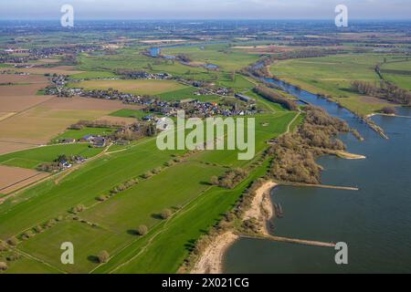 Vista aerea, zona di conservazione del paesaggio di Dornicksche Ward, braccio di Grietherother Altrhein, zona residenziale, vista del distretto di Dornick, Emmerich am Rhein, Foto Stock