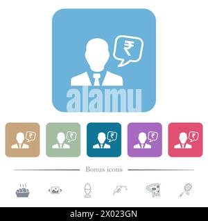 Consulente finanziario della Rupee indiana icone piatte bianche su sfondi quadrati arrotondati di colore. 6 icone bonus incluse Illustrazione Vettoriale