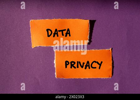 Parole sulla privacy dei dati scritte su pezzi di carta strappati con sfondo viola. Simbolo concettuale. Copia spazio. Foto Stock