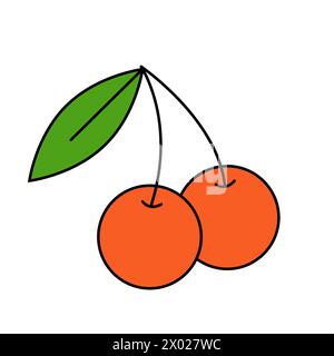 Ciliegia. Due bacche con una foglia in stile retrò alla moda. Design Y2K e anni '90. vibrazione anni '70, '80. Illustrazione vettoriale isolata su sfondo bianco. Illustrazione Vettoriale