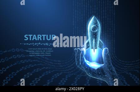 Avvio. Il razzo parte dalla mano digitale. Sviluppo Web rapido Illustrazione Vettoriale