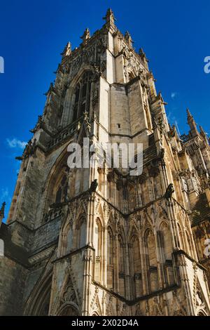 Facciata gotica della cattedrale con un'intricata architettura su un cielo azzurro, che mostra i dettagli esterni dell'edificio religioso storico a York, Nor Foto Stock