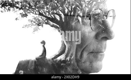 Un profilo surreale di un vecchio con gli occhiali Foto Stock