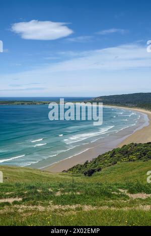 Spiaggia di Tautuku dal punto di osservazione di Florence Hill a Catlins, Otago, South Island, nuova Zelanda Foto Stock