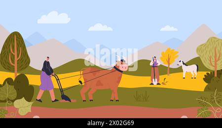 Personaggi degli agricoltori dell'agricoltura e degli animali da fattoria Illustrazione Vettoriale