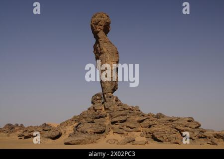 Finger of Allah formazione rocciosa nei monti Akakus, Libia, Nord Africa, Africa Foto Stock