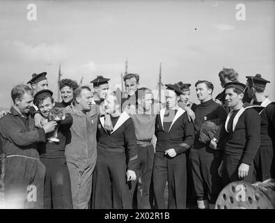 LA CORVETTE FRANCESE COMBATTE AFFONDA 2 U-BOOT. 14 MARZO 1943, GREENOCK, LA CORVETTE FRANCESE ACONIT AFFONDÒ DUE U-BOOT CON FUOCO A FUOCO E SPERONANDO MENTRE SCORTAVA UN CONVOGLIO ATLANTICO ATTRAVERSO L'U-BOOT PACK IL 10 MARZO 1943. IL SECONDO SOTTOMARINO AVEVA APPENA SILURATO IL BRITISH DESTROYER HMS HARVESTER. L'ACONIT GIUNSE IN UN PORTO BRITANNICO CON SOPRAVVISSUTI DEL MIETITORE E UN MERCANTILE, E PRIGIONIERI DEI DUE U-BOOT. - I sopravvissuti del cacciatorpediniere britannico HMS HARVESTER che fraternizzano con l'equipaggio delle FFS ACONIT dopo che la corvetta francese li aveva vendicati affondando due sommergibili. I sopravvissuti sono vestiti Foto Stock