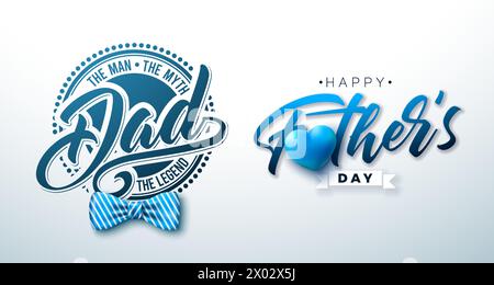 Design del biglietto di auguri per la festa del papà con cuore e cravatta a righe su sfondo chiaro. Papa the Men, The Myth, The Legend Vector Celebration Illustrazione Vettoriale