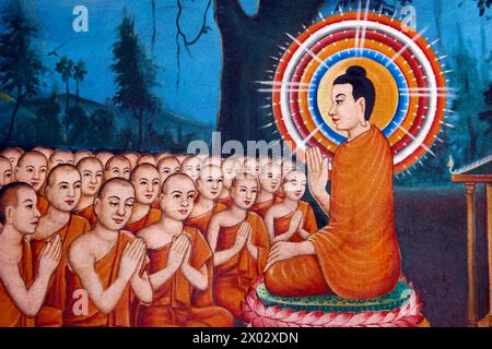 Insegnamento del Buddha, vita di Siddhartha Gautama, Buddha, Mongkol Serei Kien Khleang Pagoda, Phnom Penh, Cambogia, Indocina, Sud-est asiatico Foto Stock
