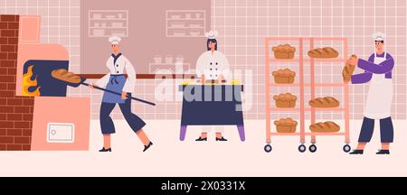 Panettieri professionisti cucinano, cuocono pane e pasticceria Illustrazione Vettoriale