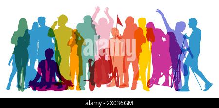 Panorama di persone attive di diverse generazioni come sagome colorate Foto Stock