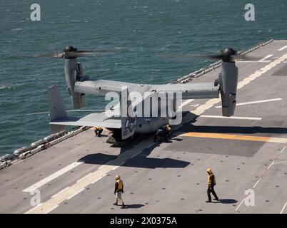 Il Marine Corps MV-22 Osprey con Marine Medium Tiltrotor Squadron 365 (rinforzato), 24th Marine Expeditionary Unit (MEU), conduce le operazioni di volo Foto Stock