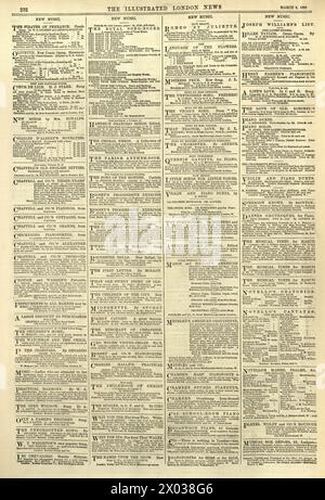 Pagina di carta di Old News, annunci e avvisi, anni '1880, nuova musica, storia vittoriana Foto Stock