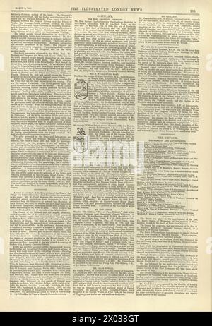 Vecchia pagina di giornale, colonna necrologio, anni '1880, storia vittoriana Foto Stock