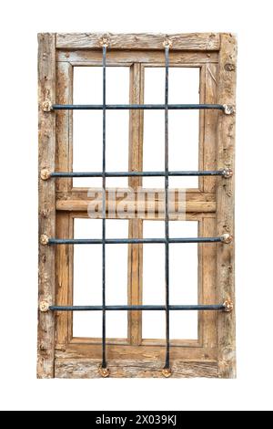 Antica finestra della prigione con barre d'acciaio arrugginite isolate su sfondo bianco Foto Stock