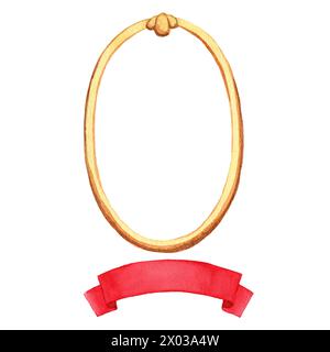 Cornice acquerello con nastro rosso per il testo. Illustrazione ad acquerello disegnata a mano isolata su sfondo bianco. Foto Stock