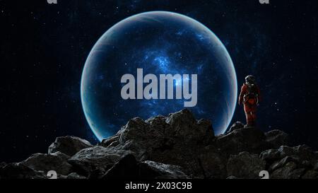 L'astronauta osserva un enorme pianeta blu mentre è arroccato su un affioramento roccioso sullo sfondo di un cielo stellato. rendering 3d. Foto Stock