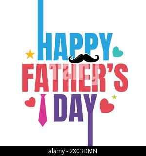 Felice festa del papà colorata illustrazione vettoriale tipografica con baffi, cravatta, cuori ed elementi stellari. Il miglior testo di papà per la citazione della t shirt. Festa dei padri Illustrazione Vettoriale