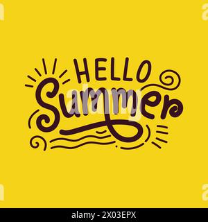 Hello Summer calligrafia disegnata a mano su sfondo giallo con elementi estivi. Illustrazione Vettoriale