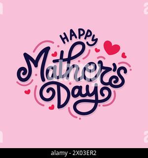 Buona festa della mamma tipografia disegnata a mano con illustrazione vettoriale del cuore su sfondo rosa. Carino biglietto d'auguri con lettere Illustrazione Vettoriale