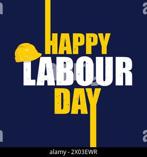 Banner tipografico per il giorno del lavoro, poster con casco da costruzione. 1s maggio giornata internazionale del lavoro. Modello giornata di manodopera su sfondo blu. Illustrazione Vettoriale